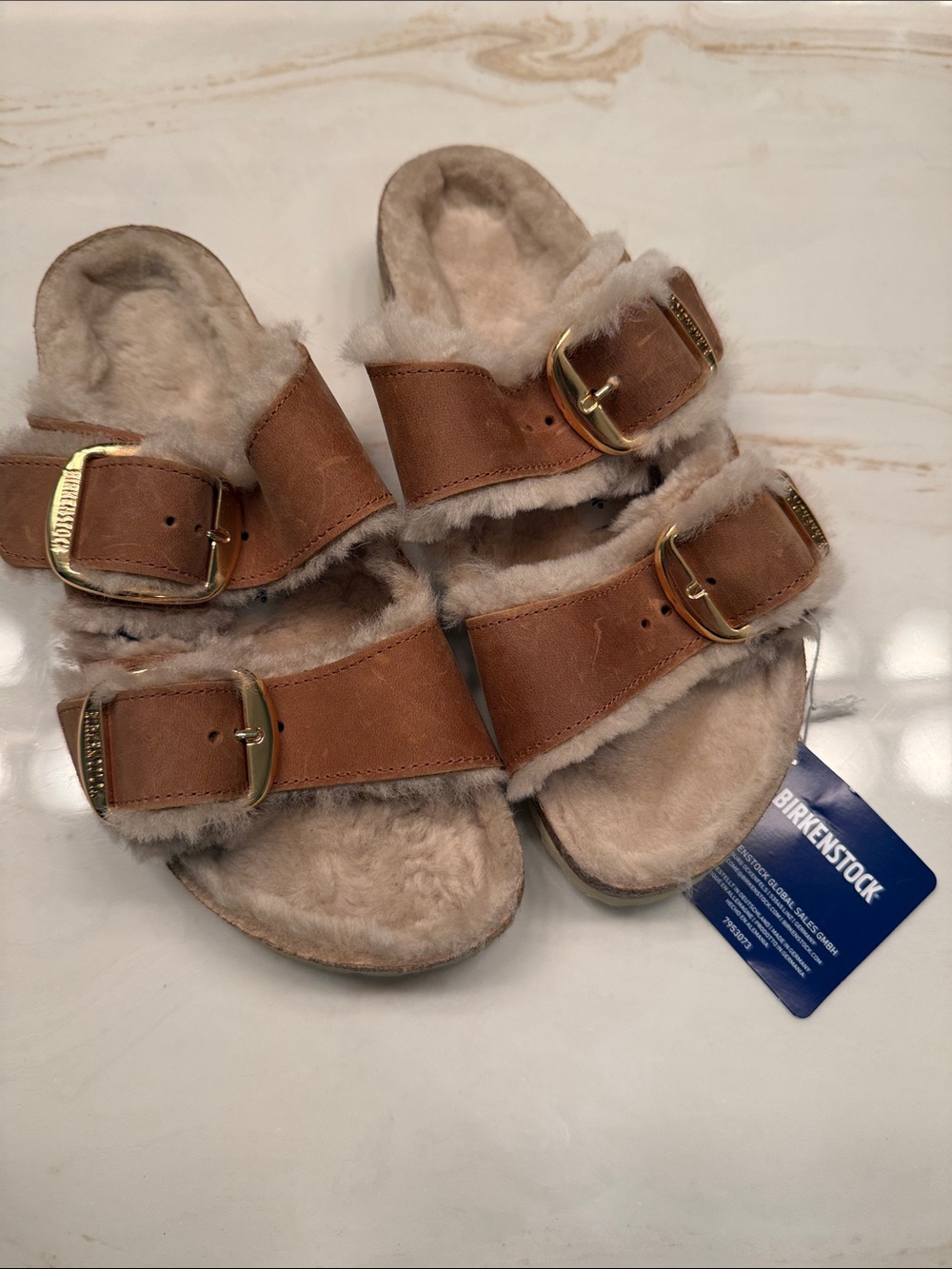 Birkenstock Women's Tan Leather & Beige Shearling Arizona Sandals